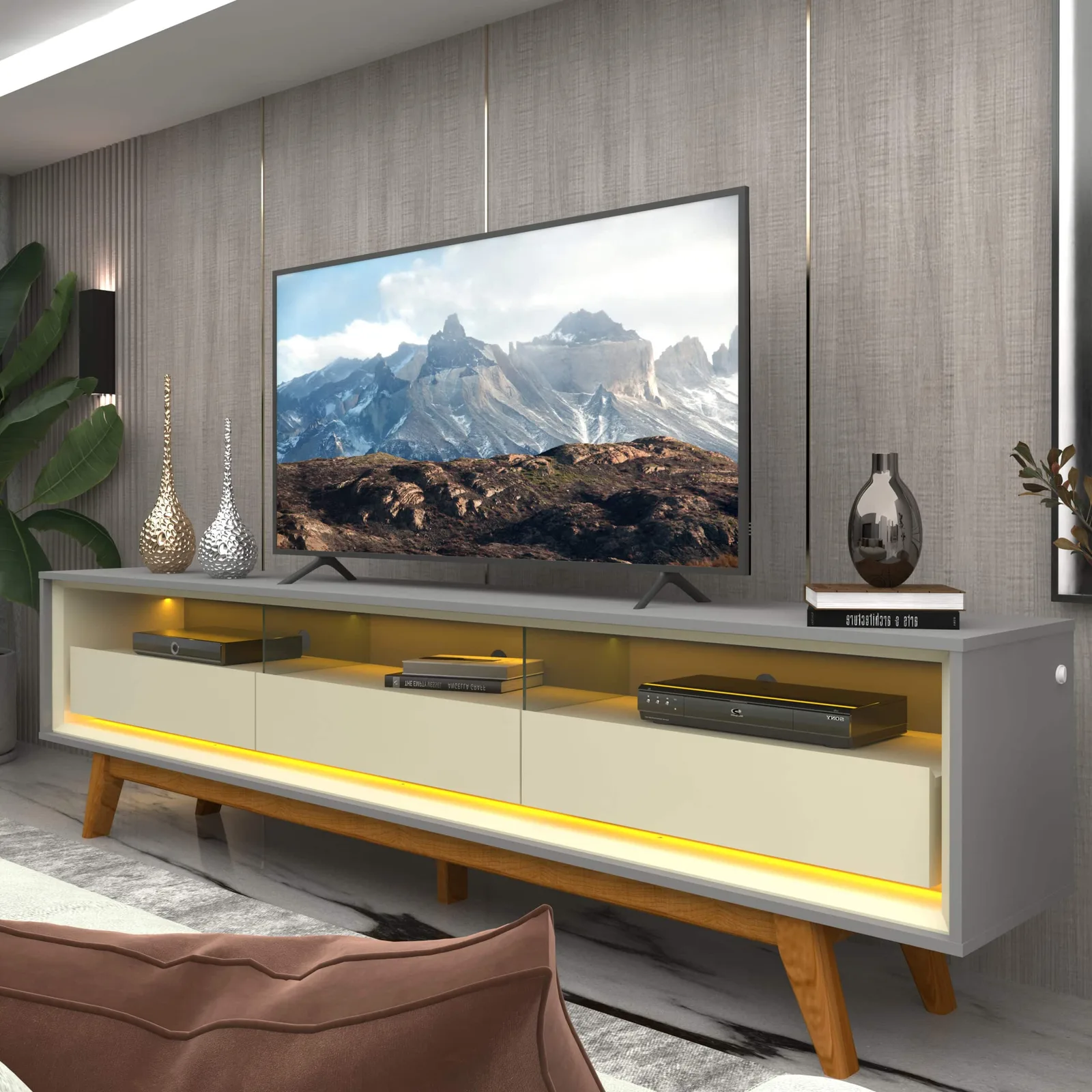 Rack para TV Requinte 212 com LED e Pés em Madeira